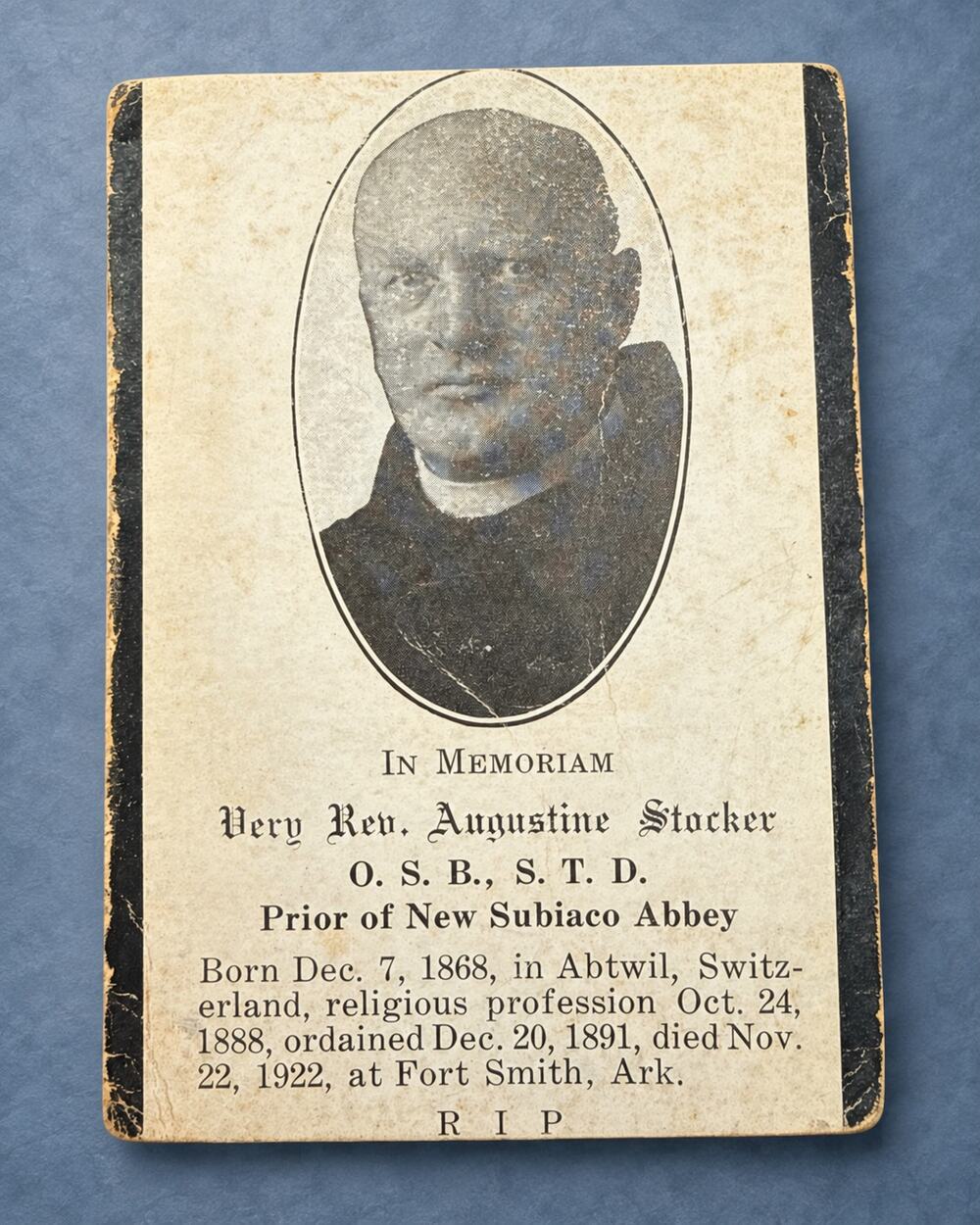 1922 Augustine Stocker OSB Subiaco Abbey Prior Arkansas Catholic Memorial Card